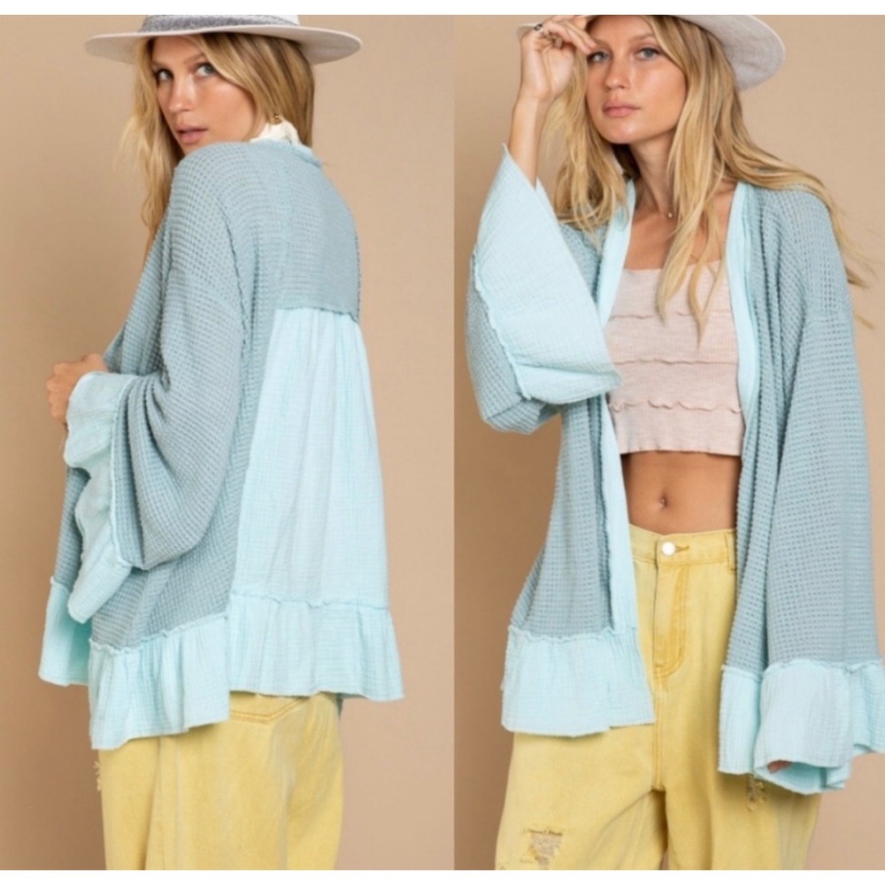 POL Thermal and Double Gauze Ruffle-Trim Relaxed Cardigan